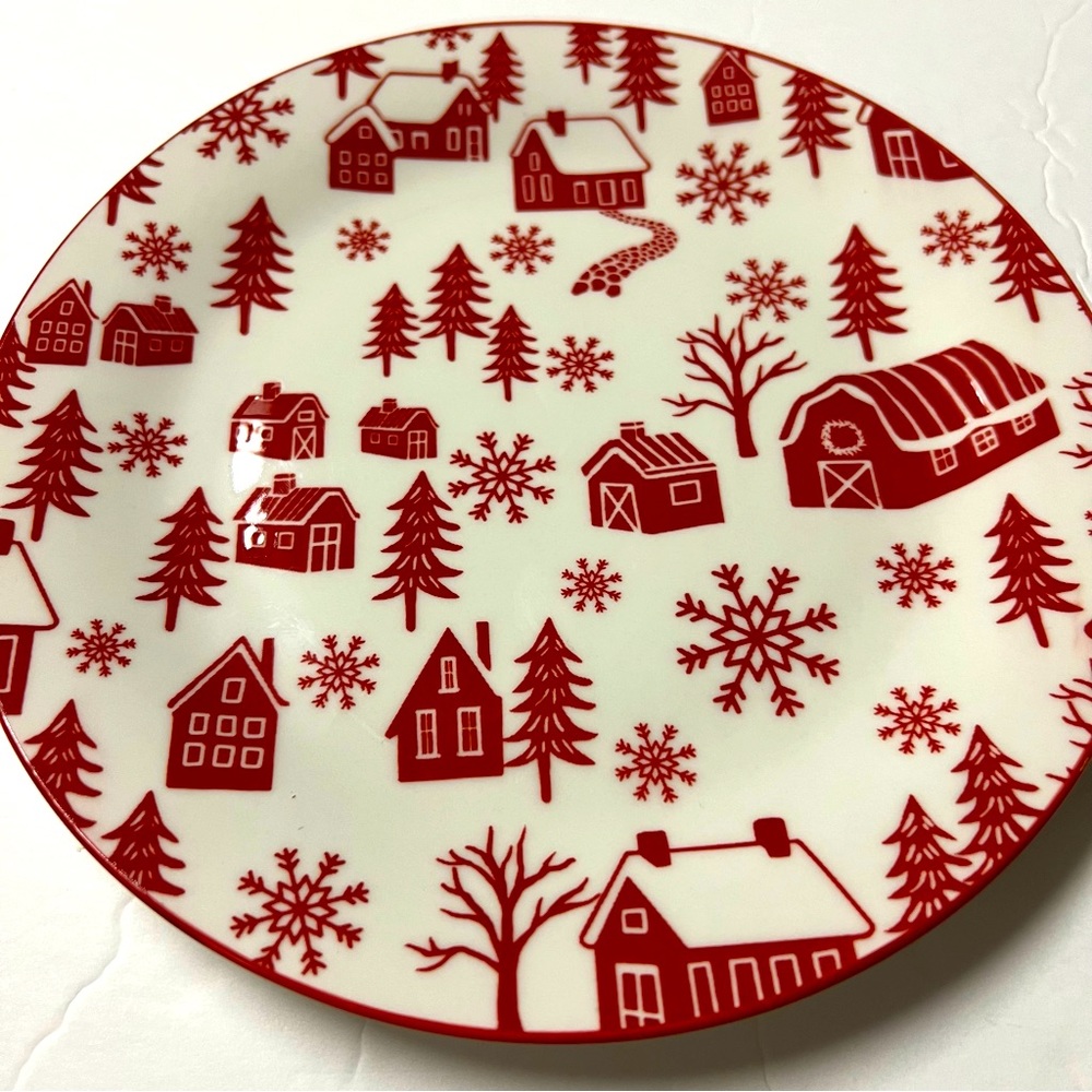 Set of 3 Salad Plates Red and White Winter Village 7.5”